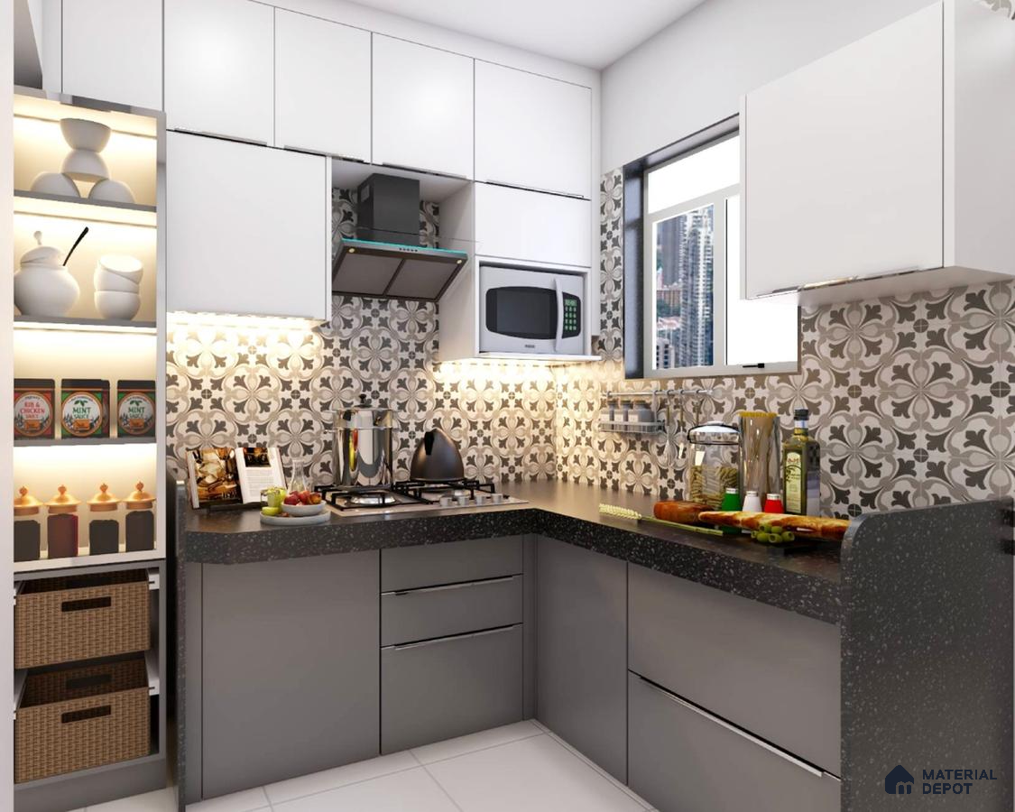 Modern kitchen with white and grey laminate cabinets, black quartz countertop, and floral patterned backsplash tiles in Bengaluru | Material Depot