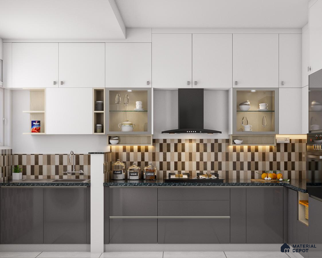 Modern kitchen with white and grey laminate cabinets, checkered brown and beige backsplash tiles, and black granite countertop in Bengaluru | Material Depot