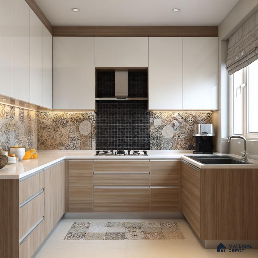 Modern kitchen with white and light oak laminate, patterned backsplash tiles, and white quartz countertop in Bengaluru | Material Depot