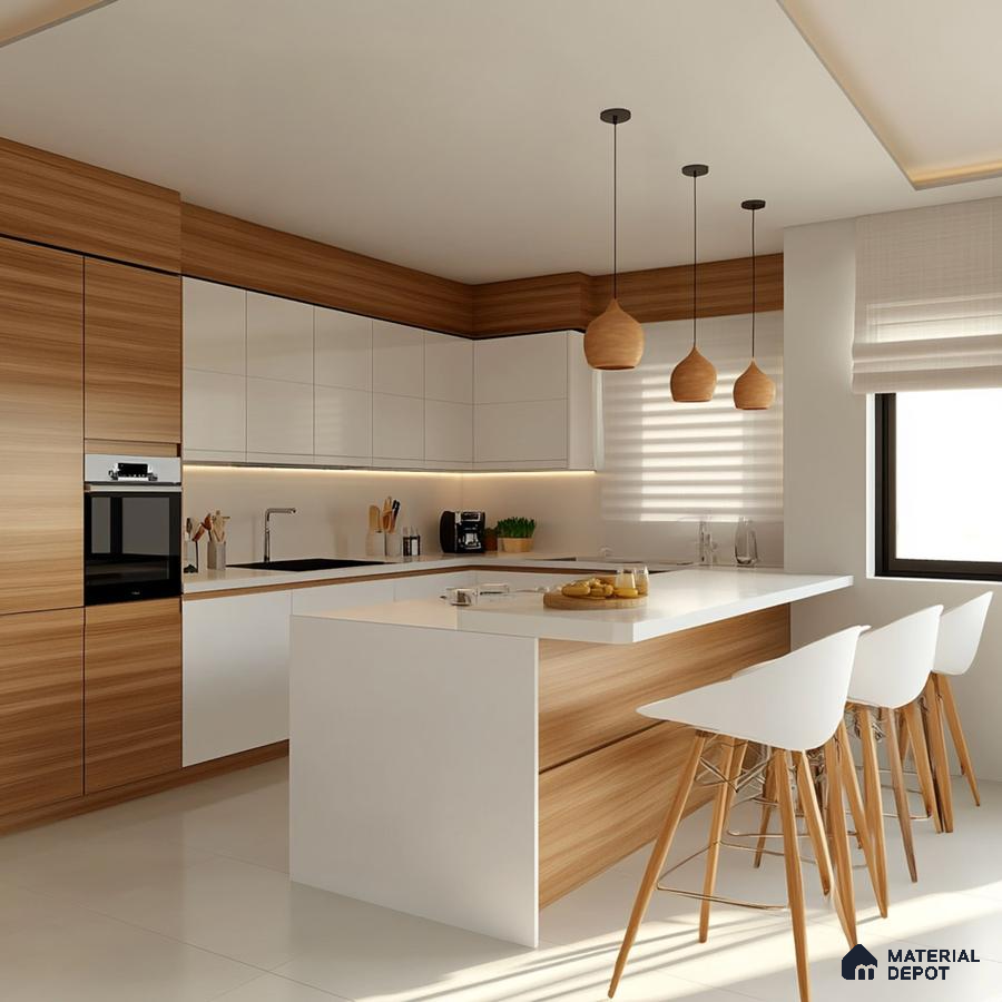 Modern kitchen with white and light oak wood grain laminate, white quartz countertop, and island in Bengaluru | Material Depot