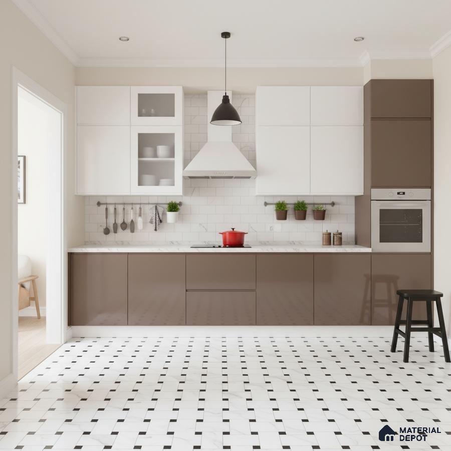 Modern kitchen with white and taupe laminate cabinets, subway tile backsplash, and black-and-white geometric floor tiles in Bengaluru