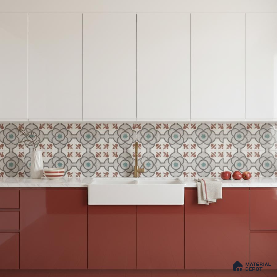 Modern kitchen with white and terracotta laminate, patterned moroccan backsplash tile, and white quartz countertop in Bengaluru