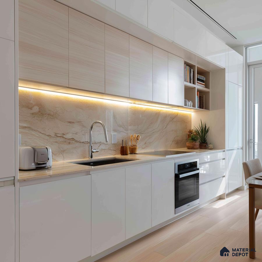 Modern kitchen with white high gloss laminate, beige marble backsplash, and light wood flooring in Bengaluru | Material Depot