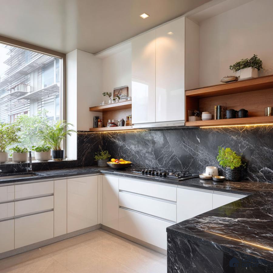 Modern kitchen with white high gloss laminate, black marble-look backsplash and countertop in Bengaluru | Material Depot
