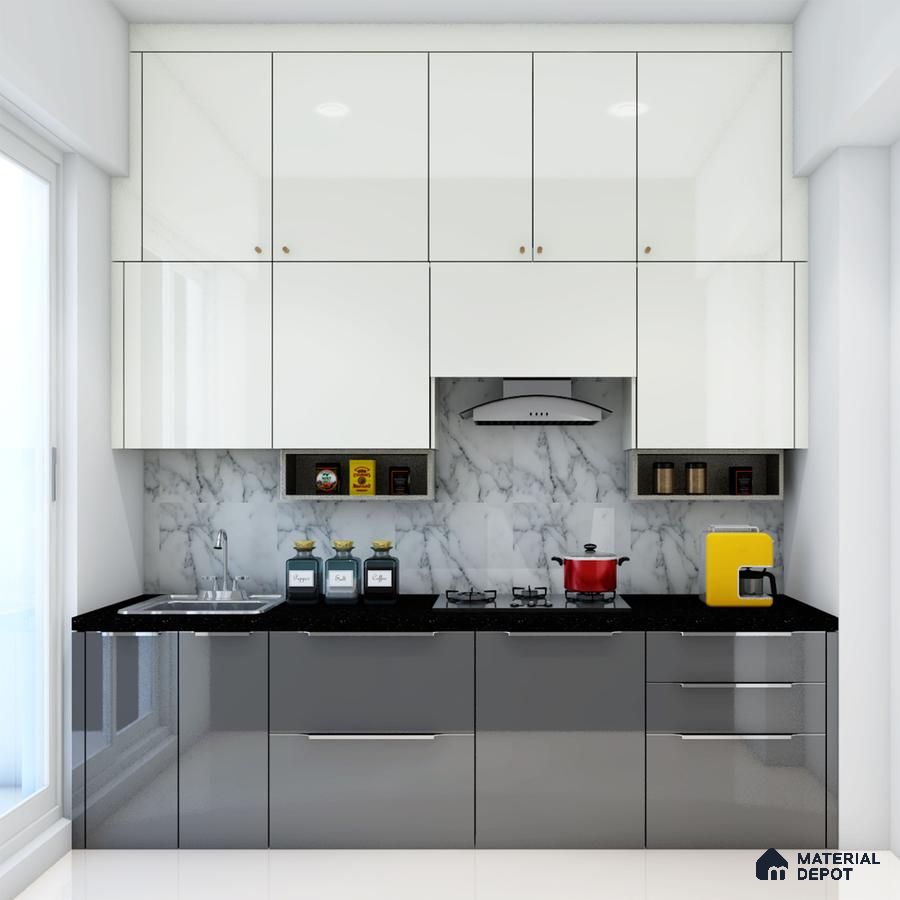 Modern kitchen with white high gloss laminate, grey high gloss laminate, and marble backsplash in Bengaluru | Material Depot