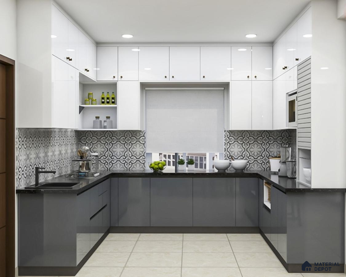 Modern kitchen with white high gloss laminate, grey high gloss laminate, and patterned moroccan backsplash tiles in Bengaluru | Material Depot