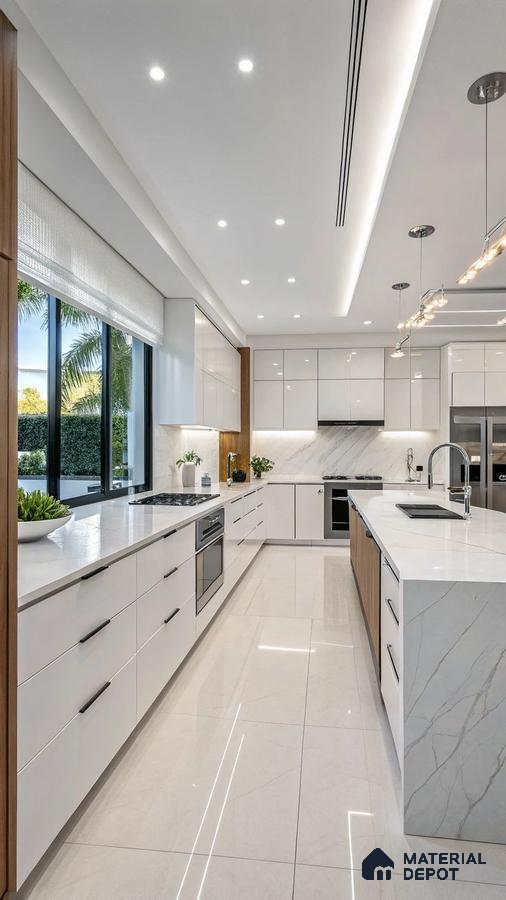 Modern kitchen with white high gloss laminate, marble-look quartz countertop, and marble tile flooring in Bengaluru | Material Depot