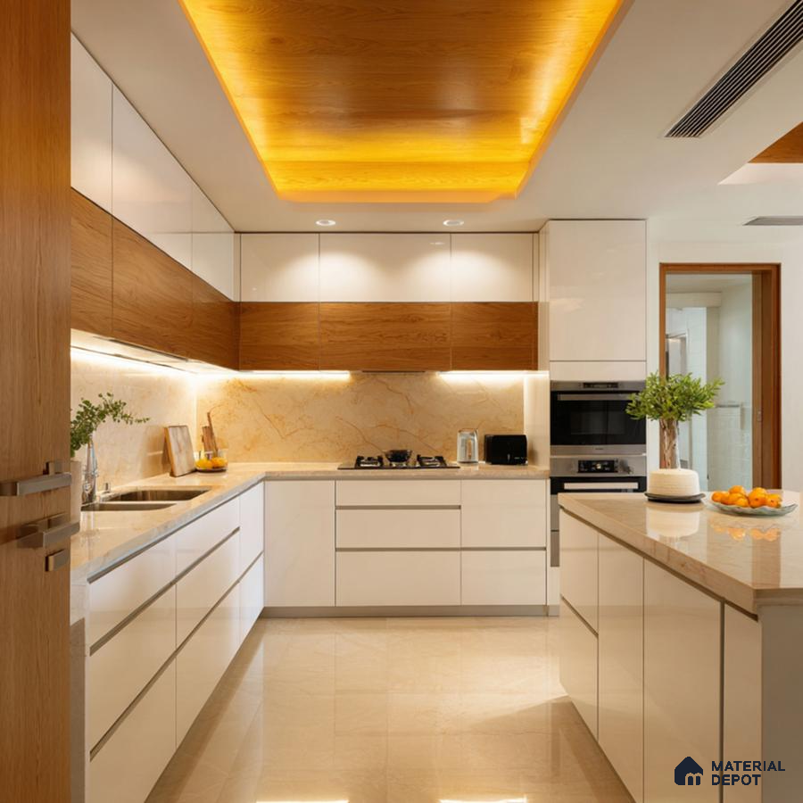 Modern kitchen with white high gloss laminate, oak wood laminate, and beige marble backsplash in Bengaluru | Material Depot