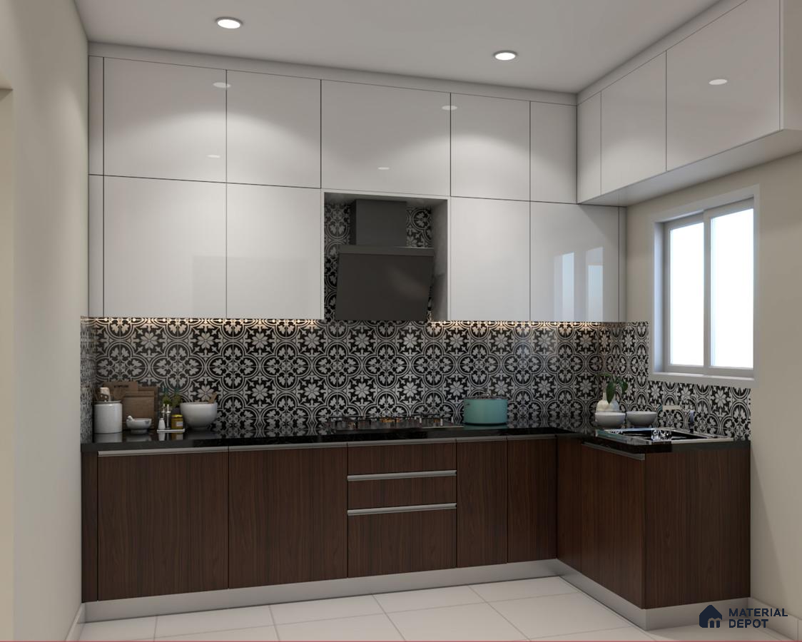 Modern kitchen with white high gloss laminate, walnut brown laminate, and black-and-white moroccan backsplash tiles in Bengaluru | Material Depot