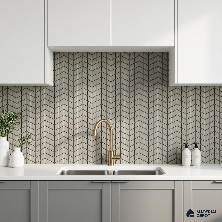 Modern kitchen with white laminate cabinets, grey base cabinets, and geometric chevron backsplash tile