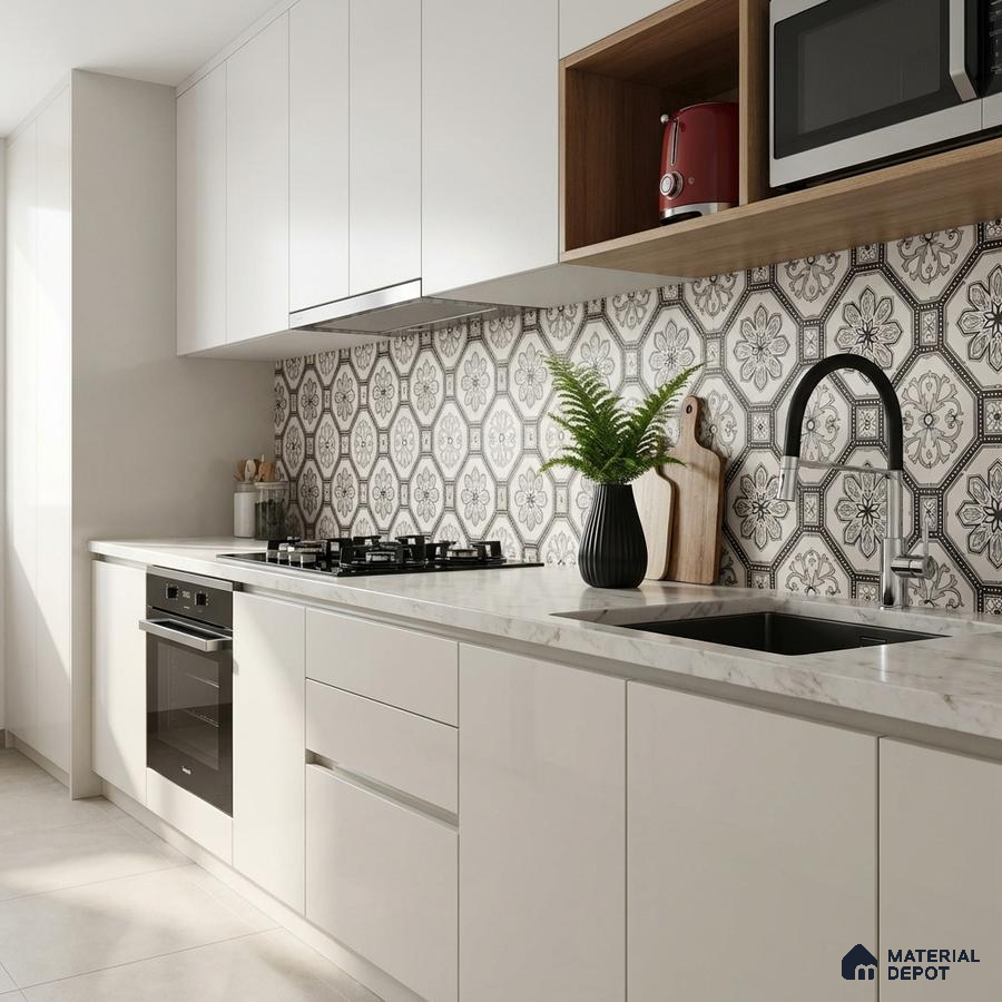 Modern kitchen with white laminate cabinets, marble-look countertop, and black-and-white geometric floral backsplash tiles