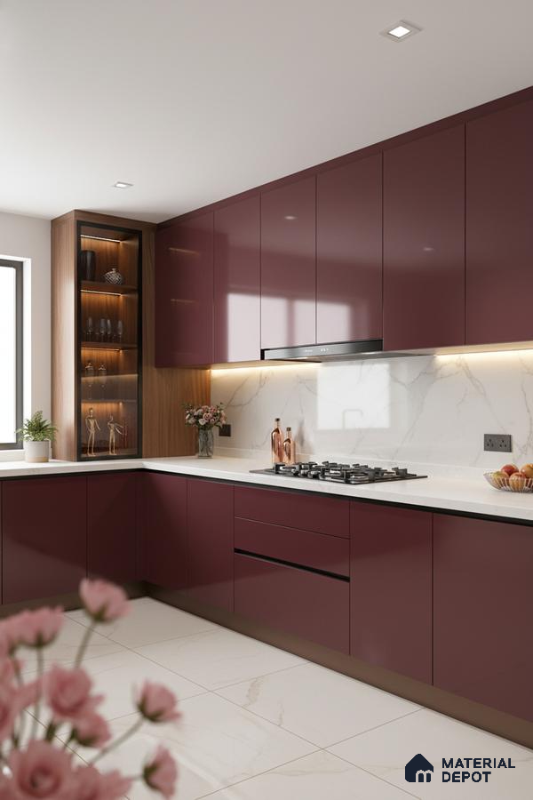 Modern kitchen with wine red high gloss laminate, white marble backsplash, and white marble floor tiles in Bengaluru