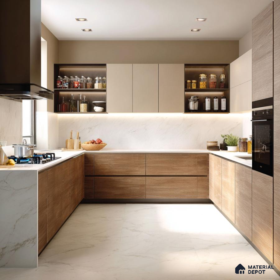 Modern kitchen with wood grain laminate cabinets and white marble-look quartz countertop in Bengaluru | Material Depot