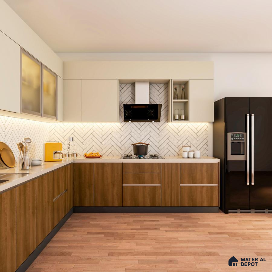 Modern kitchen with wood grain laminate, frosty white laminate, and herringbone subway tile backsplash in Bengaluru | Material Depot