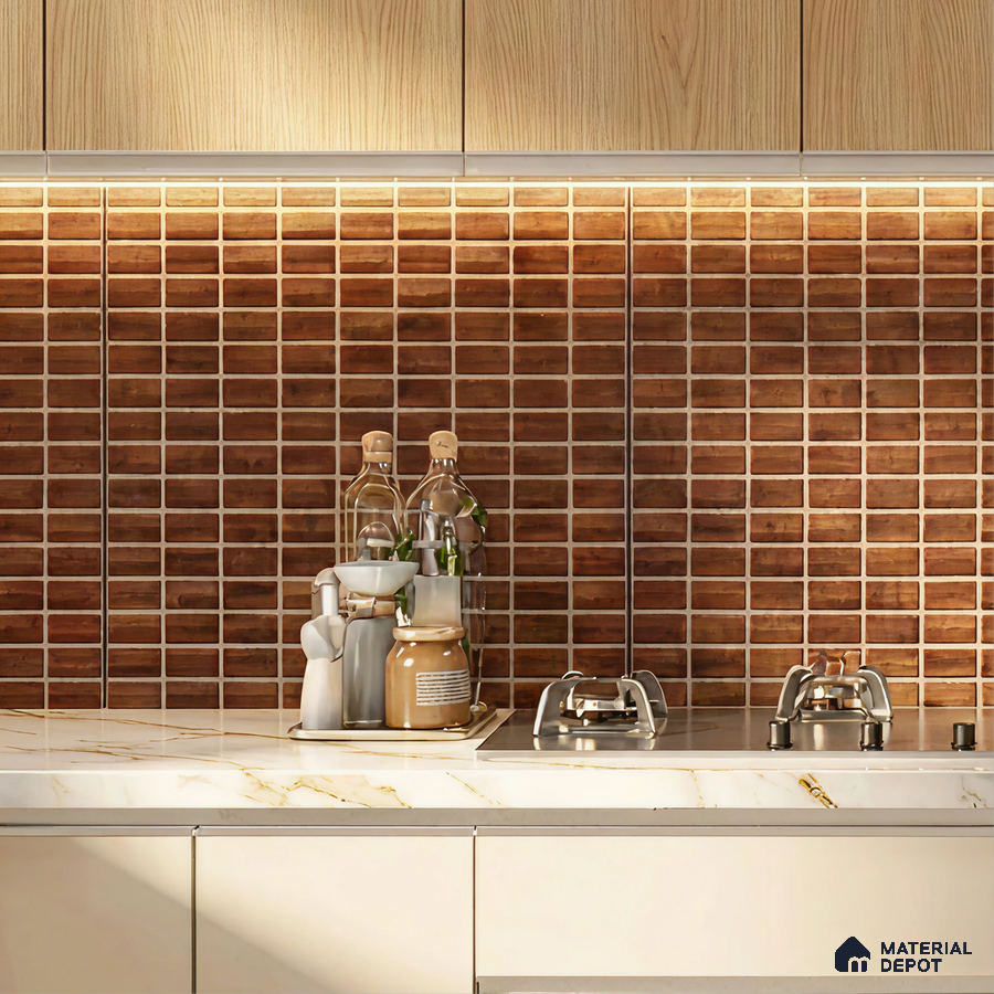Modern kitchen with wood-look upper laminate, brown kitkat backsplash tile, and white marble countertop
