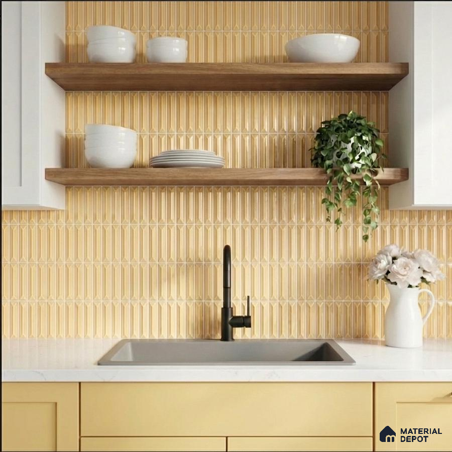 Modern kitchen with yellow geometric backsplash tile, white quartz countertop, and light wood open shelves