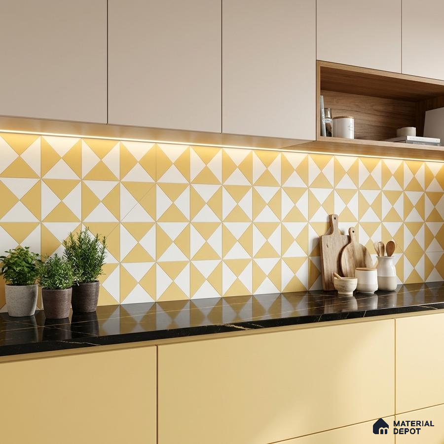 Modern kitchen with yellow geometric backsplash tiles, black marble countertop, and pastel yellow laminate cabinets