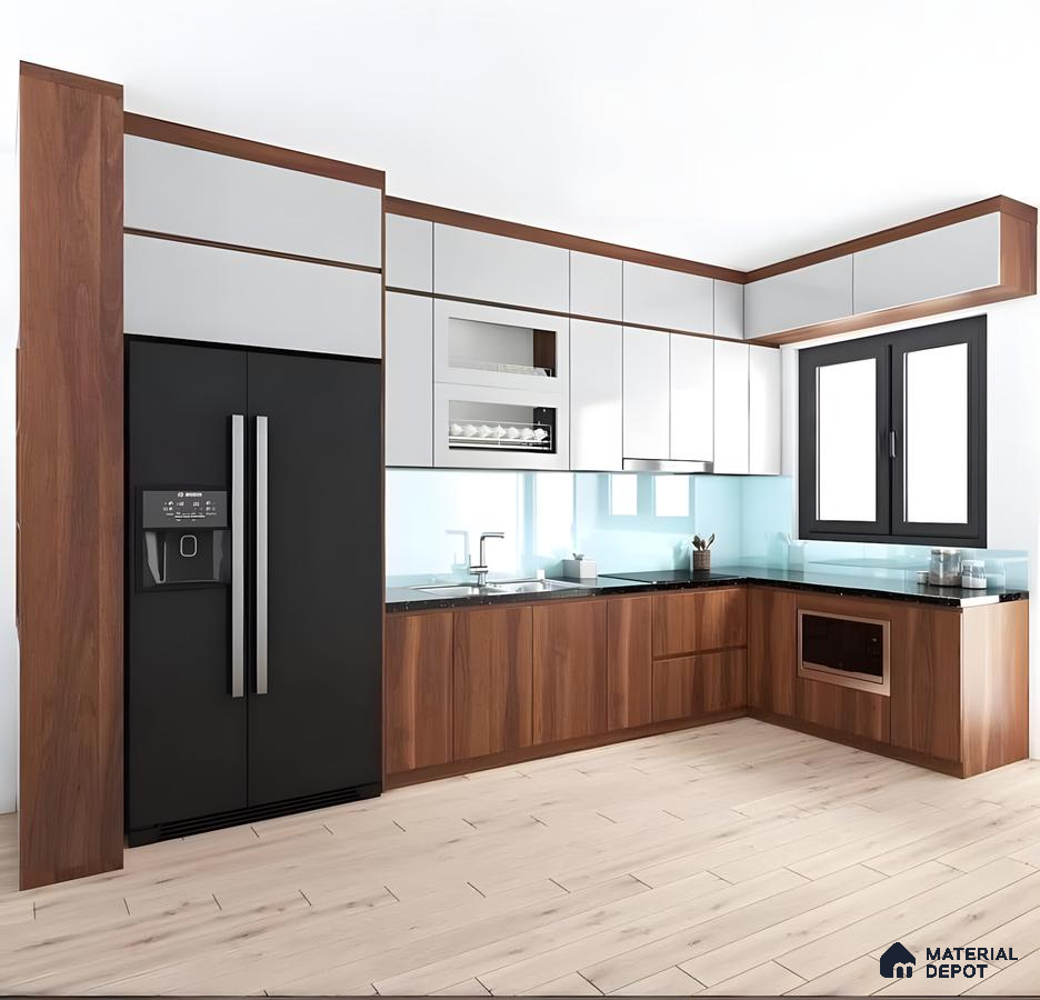 Modern L-Shaped Kitchen With Glossy White And Walnut Finish | Material Depot