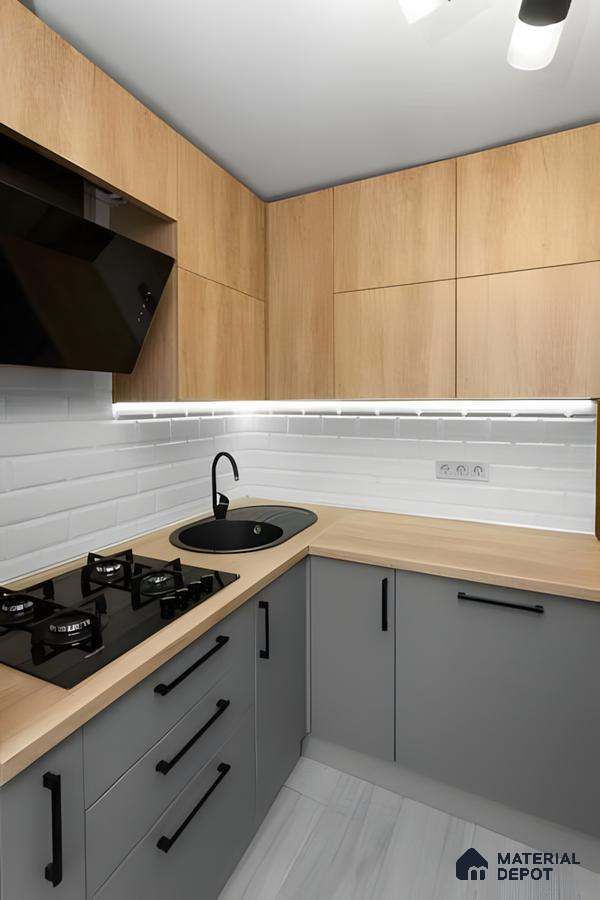 Modern L Shaped Kitchen With Grey Base Cabinets And Oak Upper Storage | Material Depot