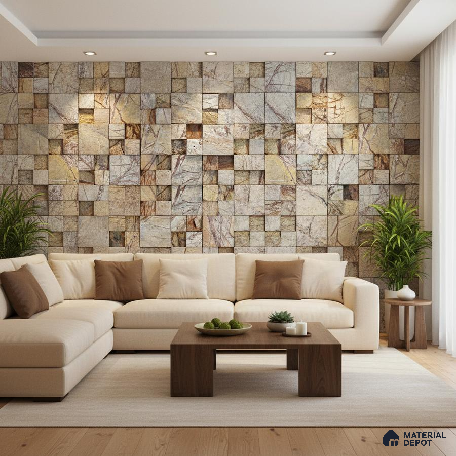 Modern living room with 3D stone cladding accent wall and beige upholstery in Bengaluru