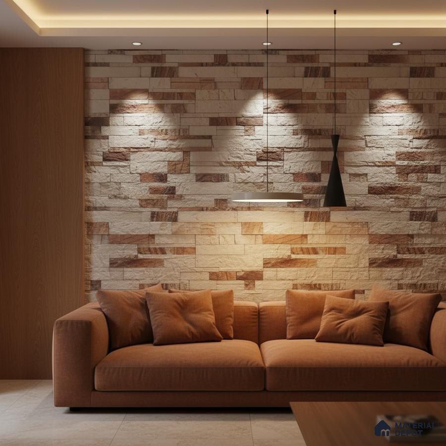 Modern living room with beige and brown stone cladding accent wall and terracotta fabric sofa in Bengaluru
