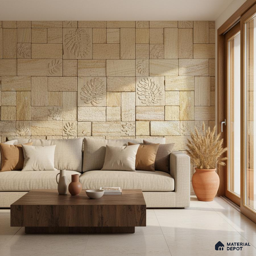 Modern living room with beige carved stone cladding accent wall and wooden coffee table in Bengaluru
