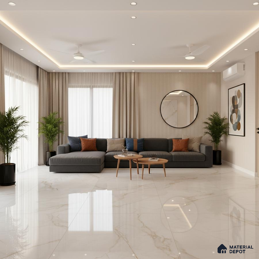 Modern living room with beige fluted wall panels and glossy white marble floor tiles in Bengaluru