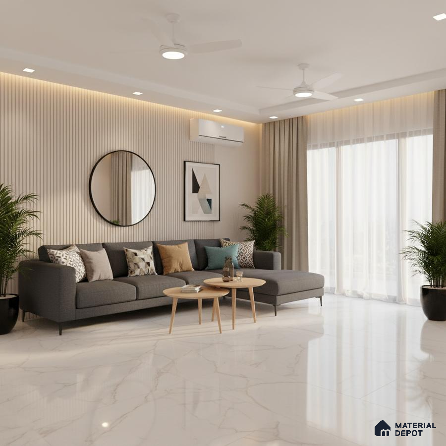 Modern living room with beige fluted wall panels and white marble floor tiles in Bengaluru