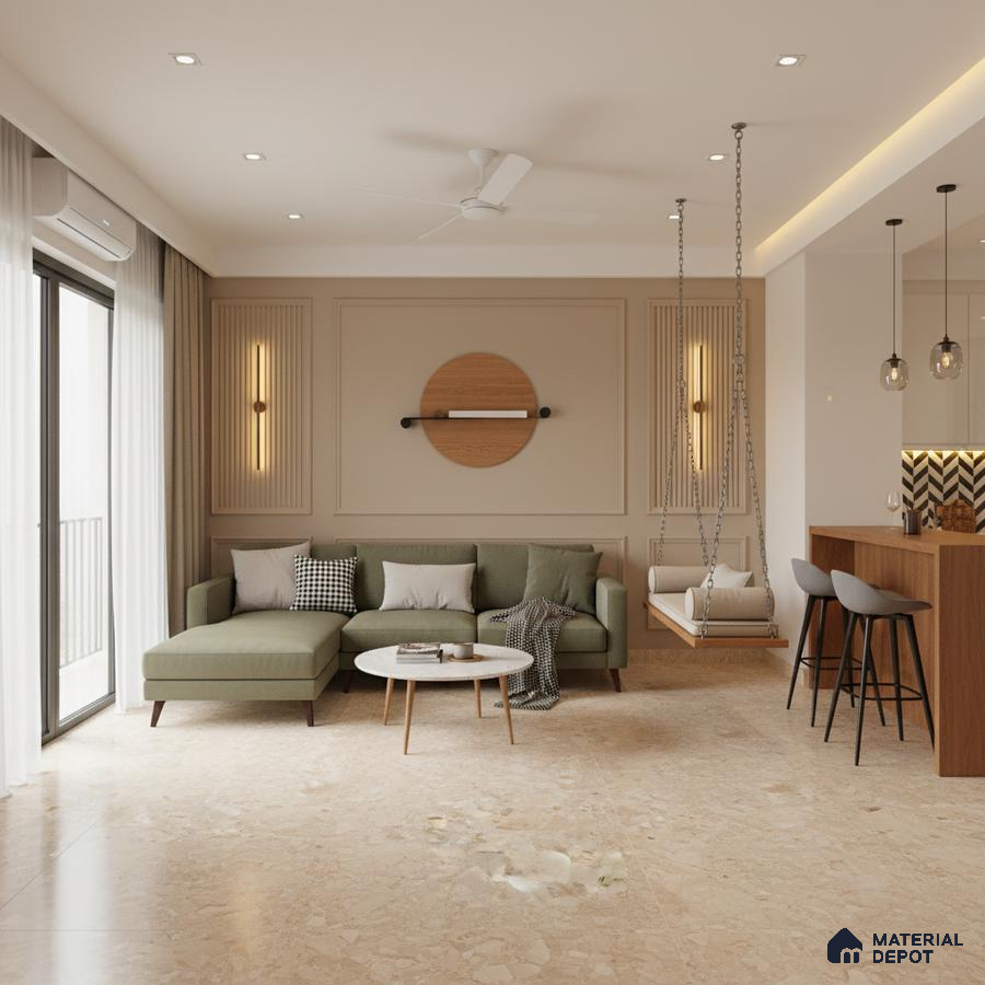 Modern living room with beige marble floor tile, olive green sofa, and wooden accent wall panels in Bengaluru