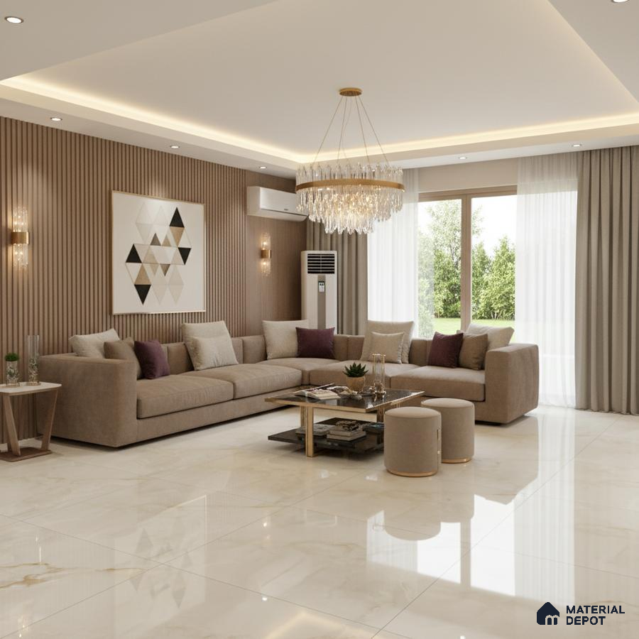 Modern living room with beige marble floor tiles and fluted wood wall panels in Bengaluru