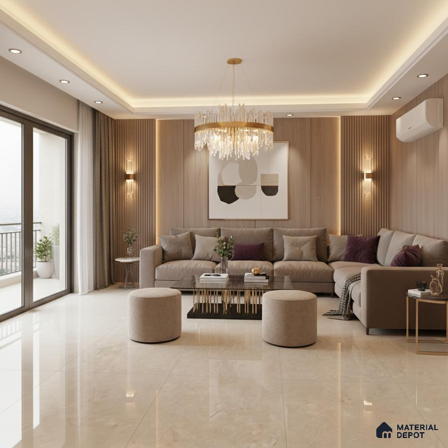 Modern living room with beige marble floor tiles and light oak fluted wall panels in Bengaluru