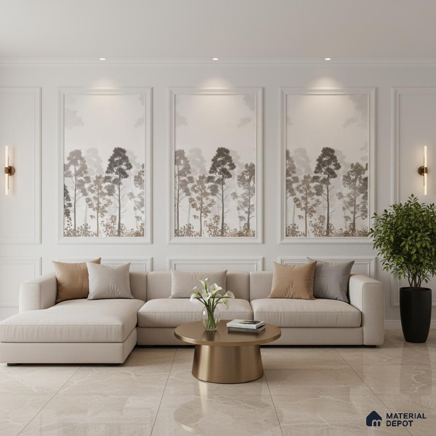 Modern living room with beige marble floor tiles and nature-inspired wallpaper panels in Bengaluru