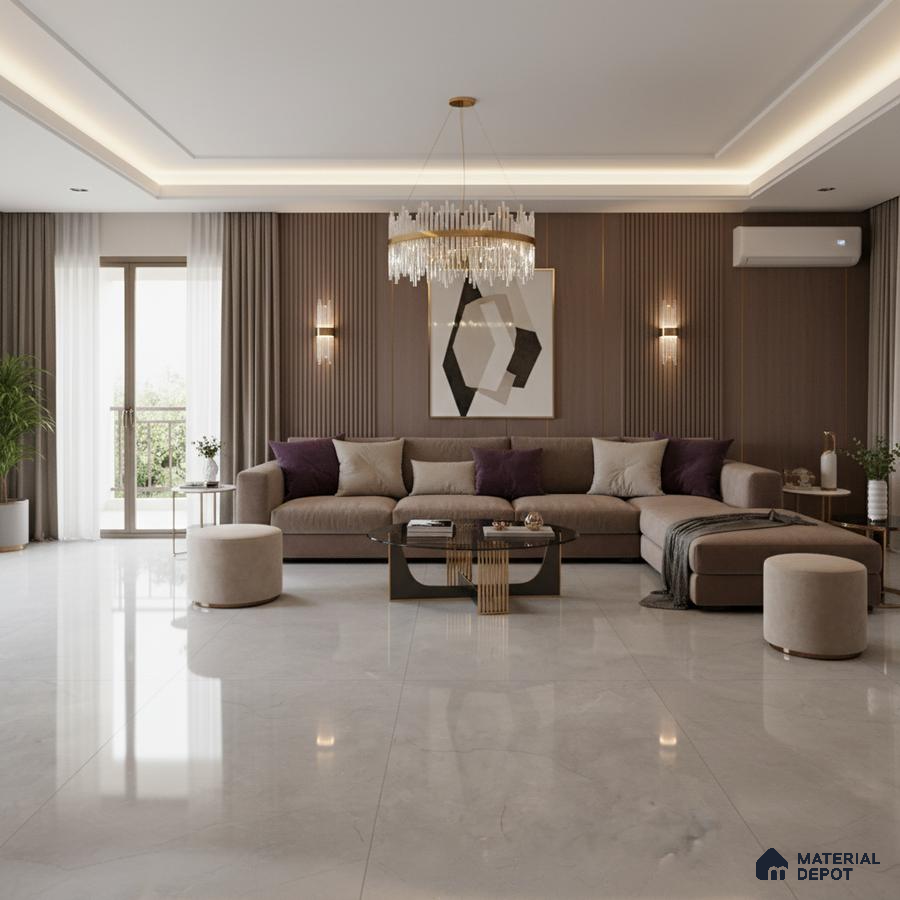 Modern living room with beige marble floor tiles and walnut brown fluted wall panels in Bengaluru