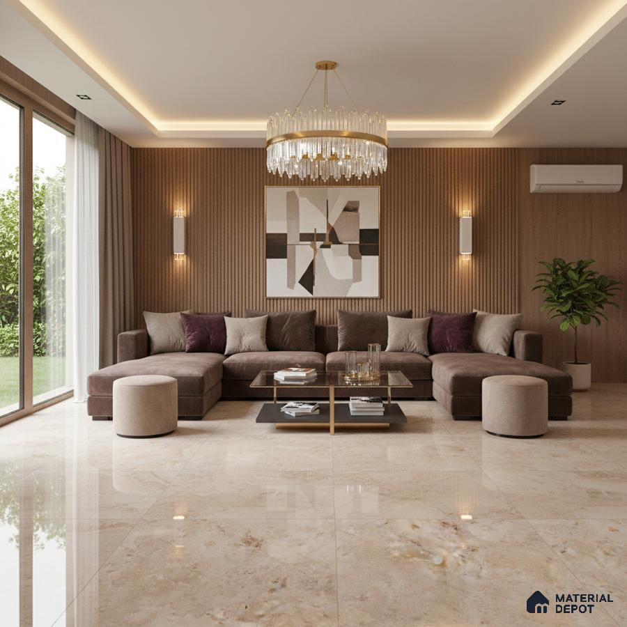 Modern living room with beige marble floor tiles and walnut fluted wall panels in Bengaluru