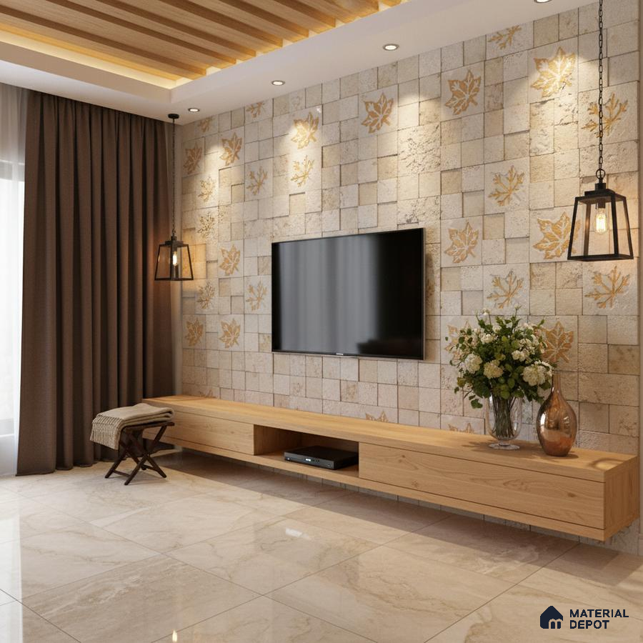 Modern living room with beige marble floor tiles, maple leaf patterned accent wall tiles, and light oak floating TV unit in Bengaluru