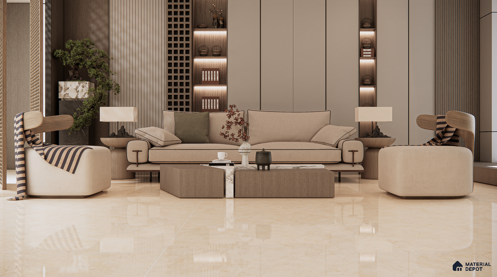 Modern Living Room with Beige Marble Flooring and Minimalist Decor | Material Depot