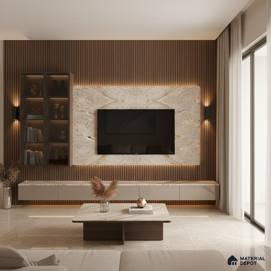 Modern living room with white marble laminate TV wall, walnut wood louvers, and beige floor tiles in Bengaluru