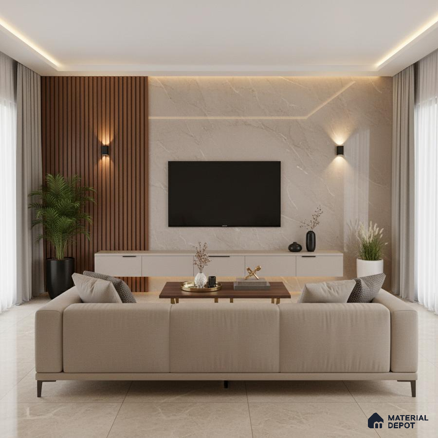 Modern living room with dark marble laminate TV unit, wooden fluted wall panels, and beige marble floor tiles in Bengaluru