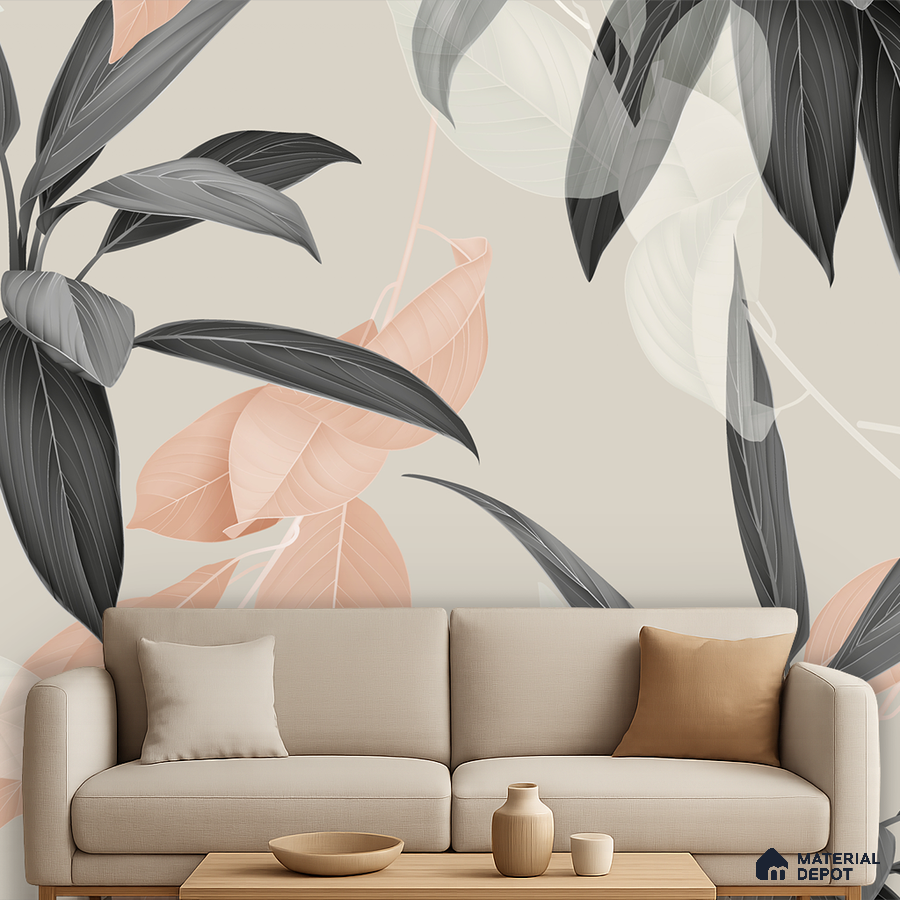 Modern living room with beige sofa and large-scale botanical patterned wallpaper in Bengaluru