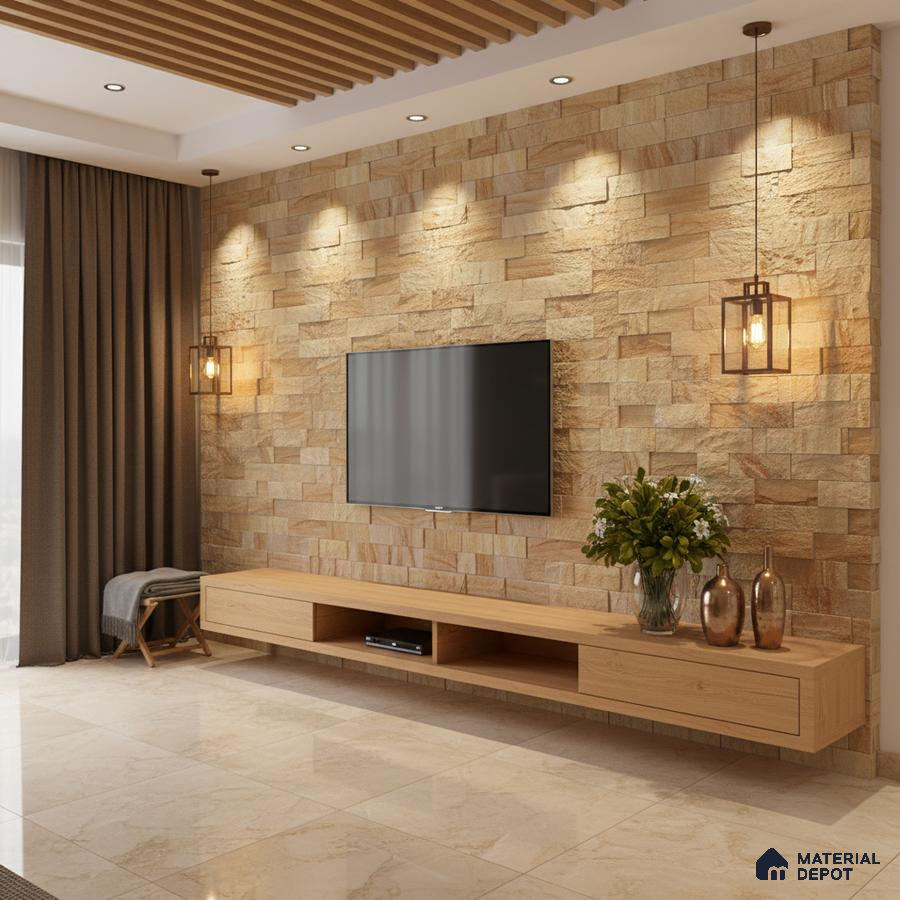 Modern living room with beige stone cladding accent wall and light oak laminate TV unit in Bengaluru