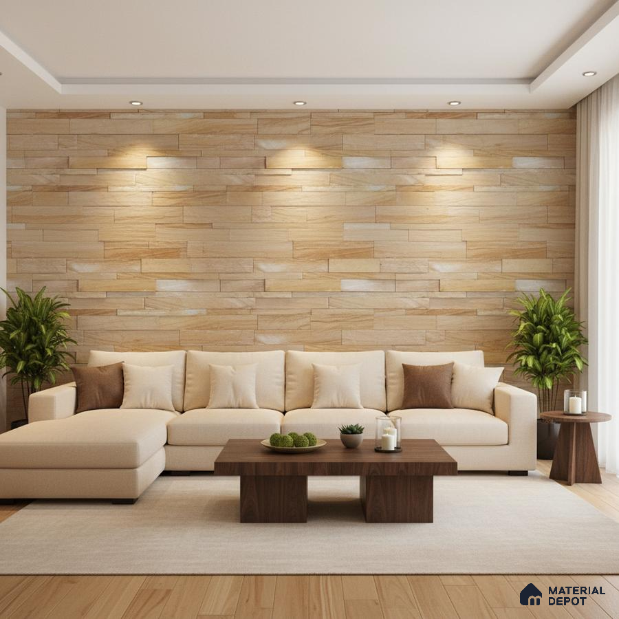 Modern living room with beige stone cladding accent wall and light oak wooden flooring in Bengaluru