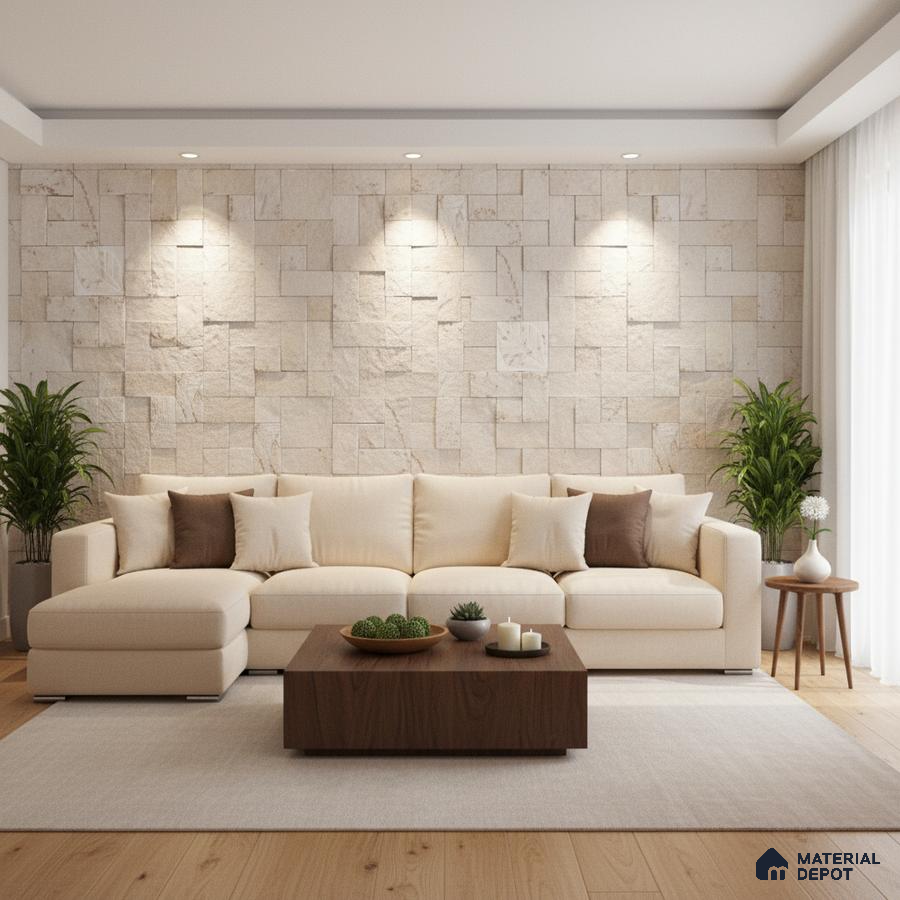 Modern living room with beige stone cladding accent wall and light oak wooden flooring in Bengaluru