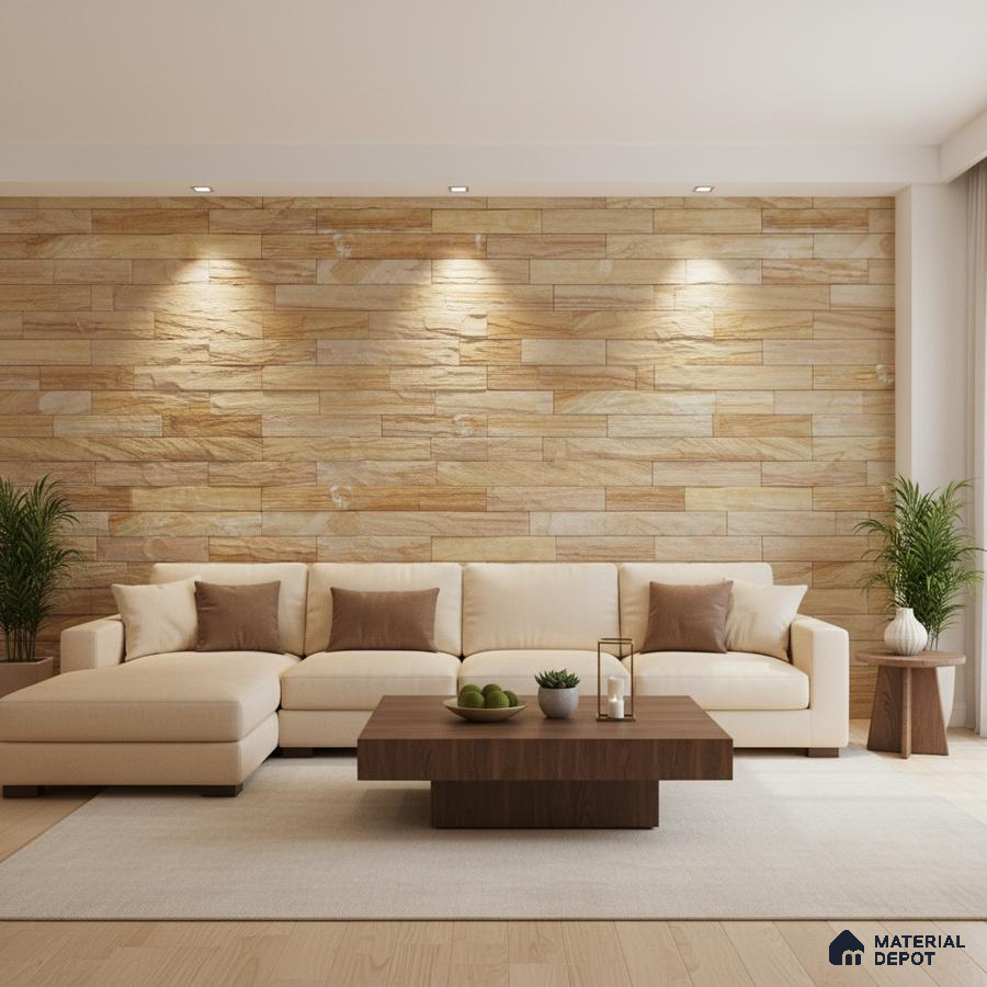 Modern living room with beige stone cladding accent wall and light wood flooring in Bengaluru