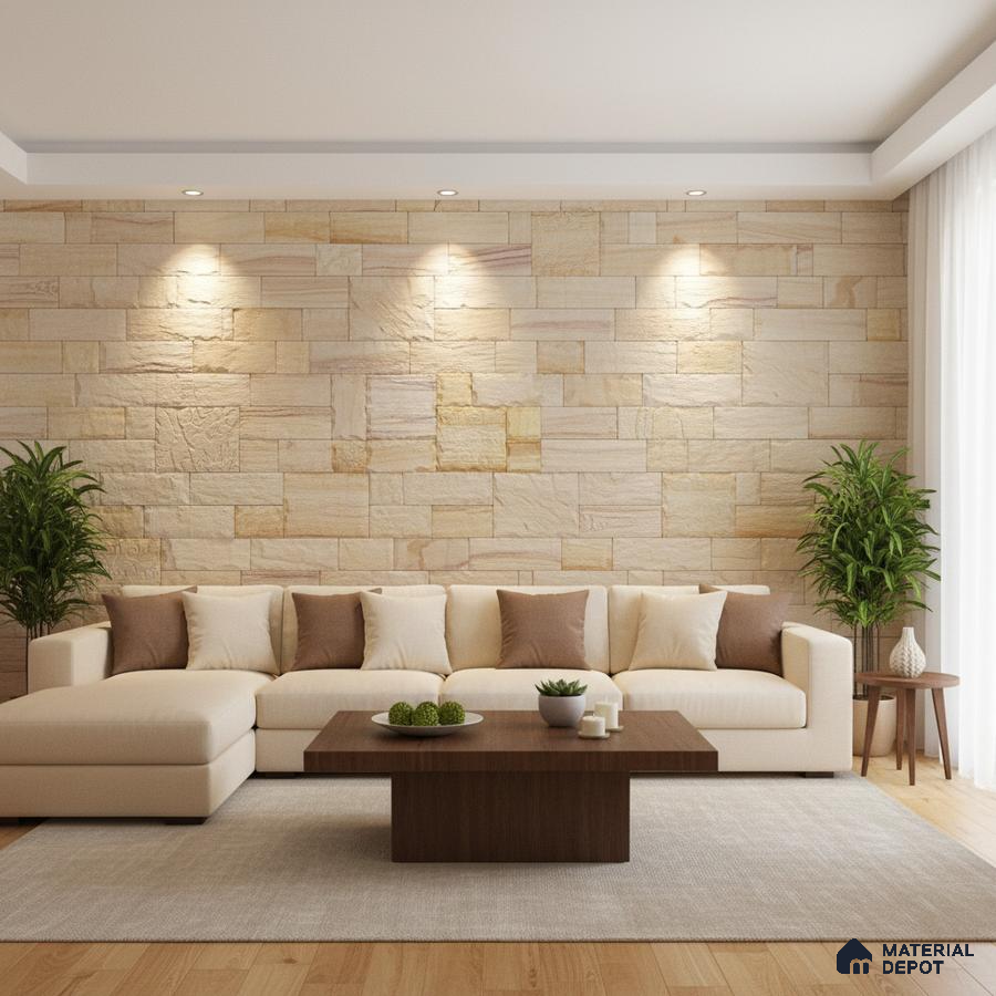Modern living room with beige stone cladding accent wall and light wood flooring in Bengaluru