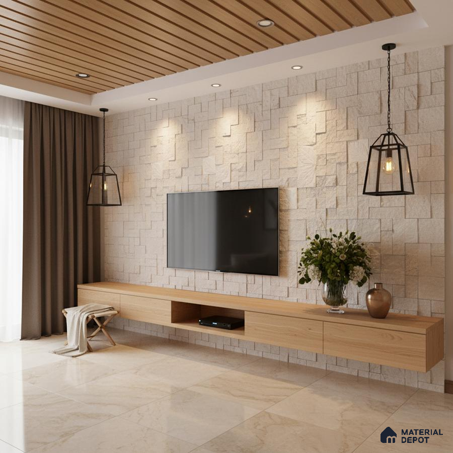 Modern living room with beige stone cladding accent wall, oak wood laminate TV unit, and marble look floor tiles in Bengaluru