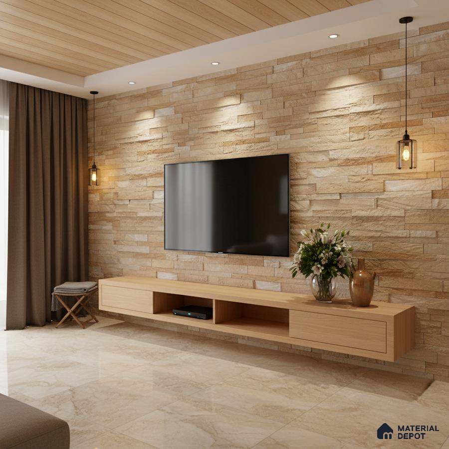 Modern living room with beige stone cladding wall, light oak laminate TV unit, and marble floor tiles in Bengaluru