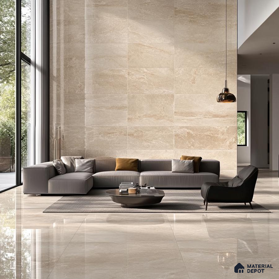 Modern Living Room with Beige Stone Wall and Sleek Marble Flooring | Material Depot