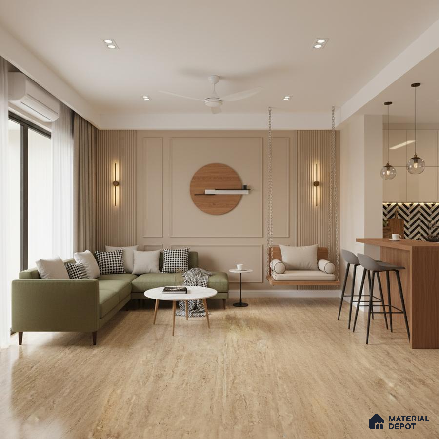 Modern living room with beige travertine floor tile, oak wood louver panels, and olive green sofa in Bengaluru