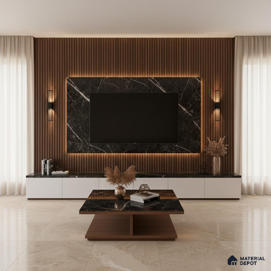 Modern living room with grey marble laminate TV unit, wooden fluted wall panels, and beige marble floor tiles in Bengaluru