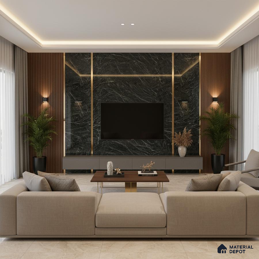 Modern living room with marble laminate TV wall, walnut wood louvers, and beige floor tiles in Bengaluru